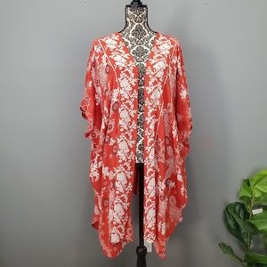 Kimono Duster Top- Angie- L- Red and white floral design